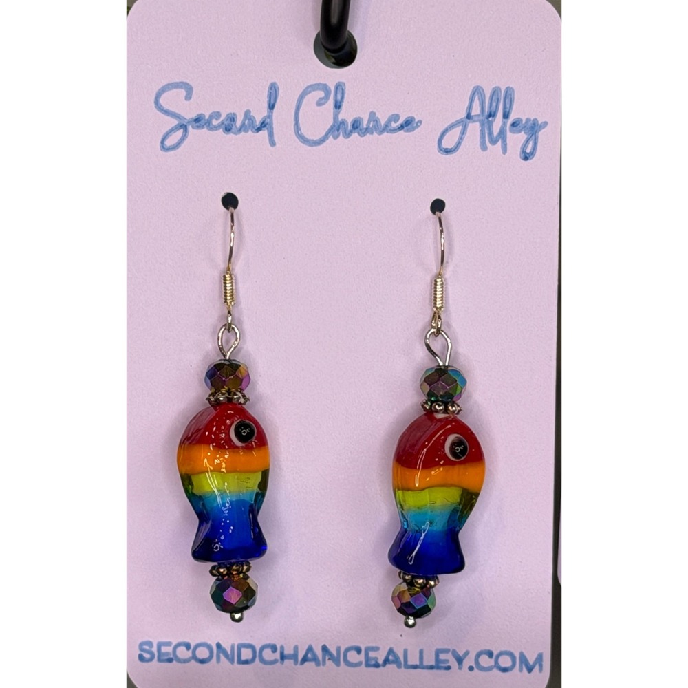 Handcrafted Rainbow Fish Lampwork Glass Drop Earrings Silver Tone Hooks